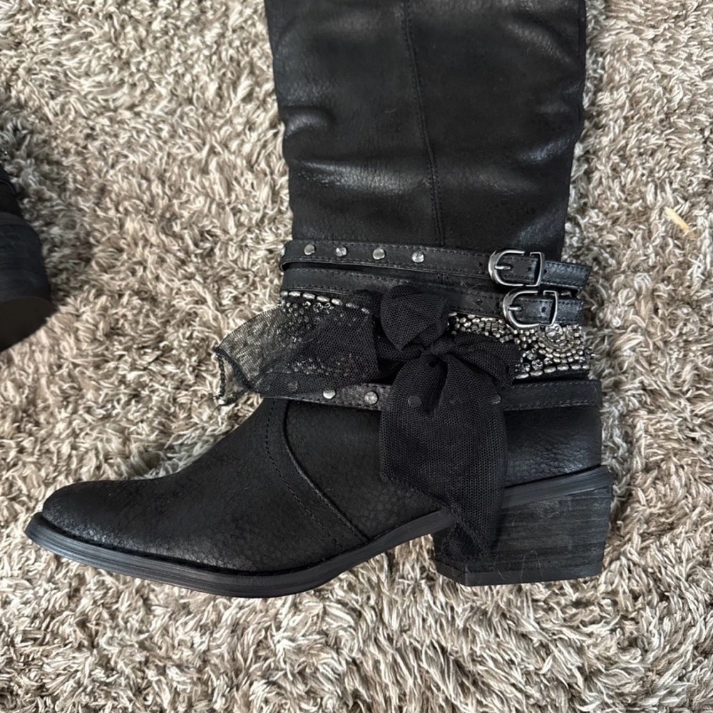 Not Rated Womens 6.5 Black Riding Boots Heeled W Tulle Bow NEW! - Picture 4 of 8